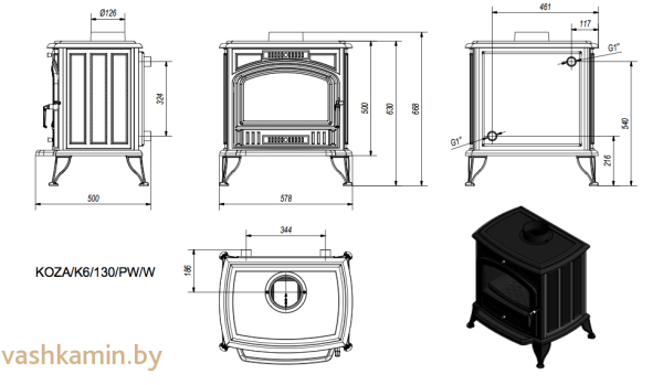 Отопительная печь с водяным контуром KOZA K6 130 PW W