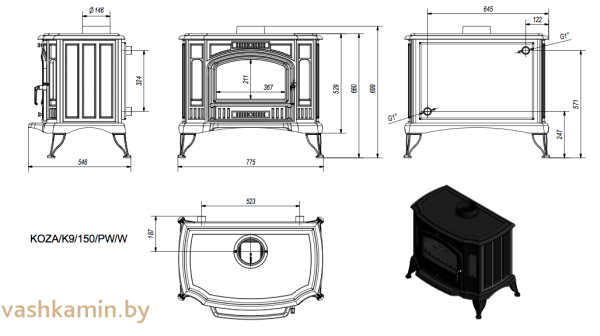 Печь камин с водяным контуром Kratki KOZA K9 150 PW W